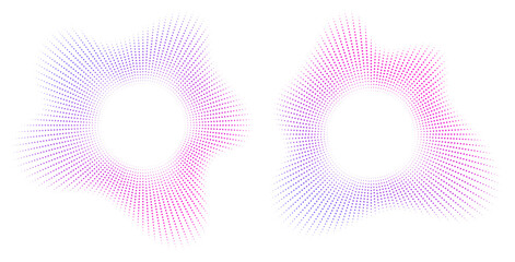 Sound equalizer icons with lines and dots, gradient neon circular sound wave frames, abstract radial music icons. Audio beat symbol concept isolated on white. Vector illustration.
