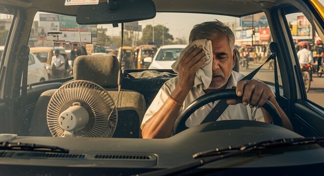 Driver wiping sweat in traffic in his vehicle