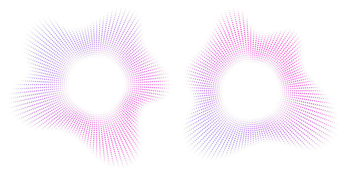 Sound equalizer icons with lines and dots, gradient neon circular sound wave frames, abstract radial music icons. Audio beat symbol concept isolated on white. Vector illustration.