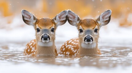 Twin White-tailed Fawn in Snowy Water: A Winter Wonderland