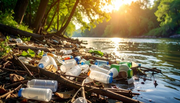Plastic Waste Pollution on Riverbank at Sunset by Serene Water