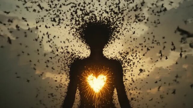 Freedom of Spirit: Silhouette with Bursting Birds and Glowing Heart	