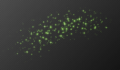 Green sparkling stars, shiny particles light effect, transparent flying stardust texture, abstract twinkle Christmas decoration. Vector illustration.