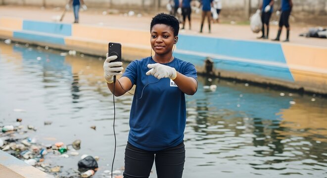 Volunteer woman taking selfie during environmental clean-up - Powered by Adobe