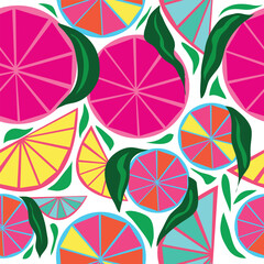colorful citrus fruit slices seamless pattern with abstract leaves - vibrant summer background. ideal for use in textile design, stationary, and digital art. Bright lime repeat pattern with bold color