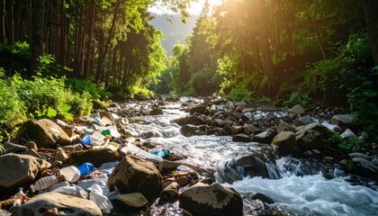 Pollution in Nature: Plastic Waste in a Scenic River Landscape