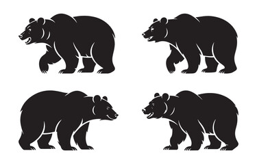 Fototapeta premium Four black bear silhouette illustrations depicting walking bears for wildlife and hunting concepts