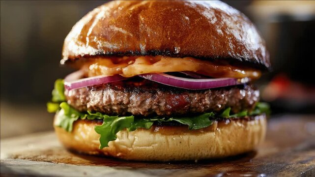 A close-up of a delicious grilled cheeseburger on a bun with various toppings and condiments.