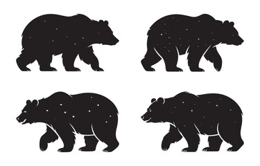 Fototapeta premium Four silhouette illustrations of bears walking showing black animal outline and starry interior