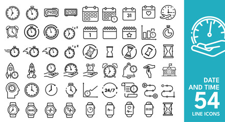 Date and Time Editable Icons set. Vector illustration in modern line style of clocks, calendars, schedules, and more. Isolated on transparent background
