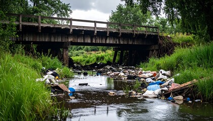 Environmental Pollution with Debris Underneath Wooden Bridge