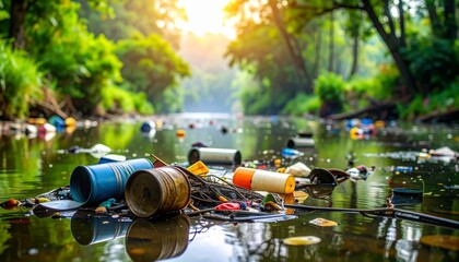 Trash and Plastic Waste in Calm River Surrounded by Lush Greenery