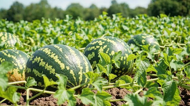 Ripe watermelons growing in a field surrounded by green leaves under a bright sky on a summer day