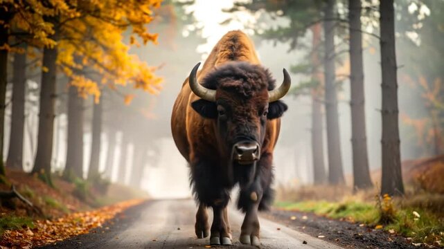 A bison with a long horn is standing in a forest with trees in the background. 4k video