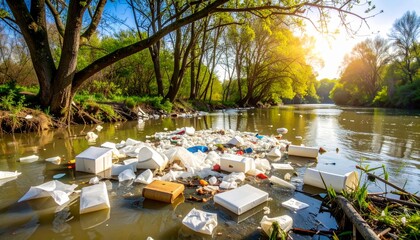 Pollution in Nature: Litter and Waste in a Peaceful River Scene
