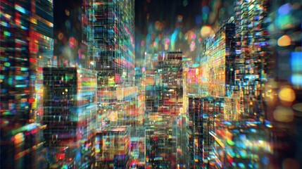 Colorful Night Cityscape With Glitches