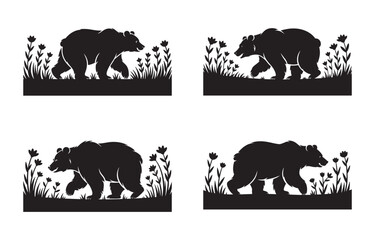 Silhouette illustration featuring walking bears in nature with flowers and green grass