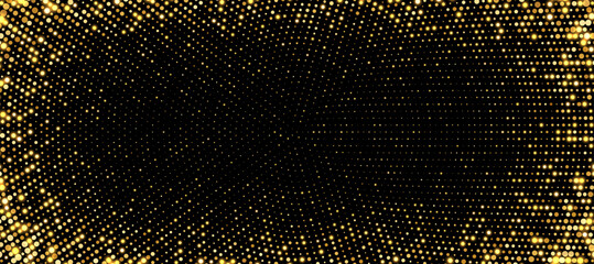Golden halftone background, abstract glittering dots backdrop, disco texture design, shiny confetti banner. Vector illustration.