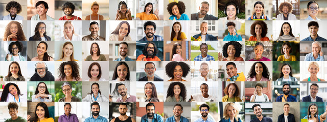 This collage showcases a vibrant group of diverse individuals, each expressing joy and positivity...