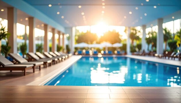 Indoor swimming pool with lounge chairs bathed in sunlight. Serene scene.