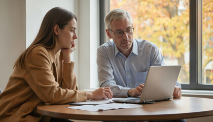 University professor consults with graduate student discussing project materials on laptop. Woman student listens attentively. Man teacher offers guidance for academic growth, career development,