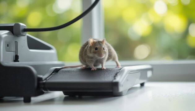 Small mouse runs on treadmill. Laboratory animal research on rodent activity and health. Science study of mouse behavior, fitness, and movement in controlled habitat.