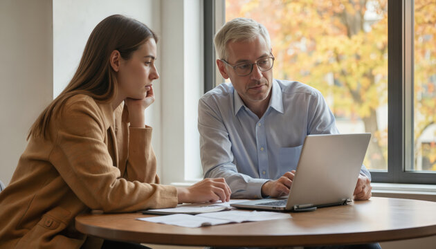University professor consults with graduate student discussing project materials on laptop. Woman student listens attentively. Man teacher offers guidance for academic growth, career development,