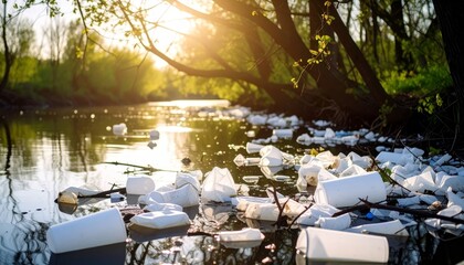 Pollution in Nature: Plastic Waste in a River During Sunset