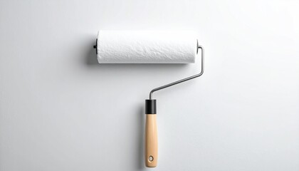 Obraz premium Paint roller against a white wall: tools for painting and home improvement.