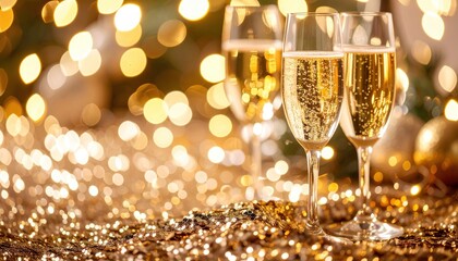 Celebratory champagne glasses with golden glitter and festive lights.