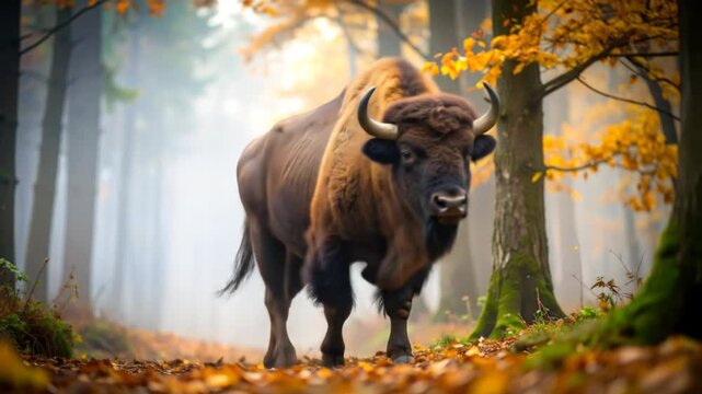 A bison with a long horn is standing in a forest with trees in the background. 4k video