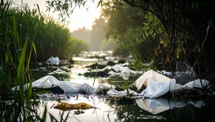 Pollution in a Tranquil Waterway Surrounded by Lush Greenery