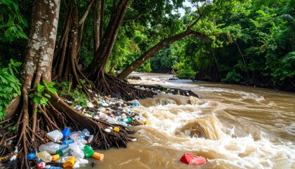 Pollution in River with Plastic Waste and Lush Greenery Surrounding