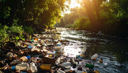 Pollution Crisis in Nature, Plastic Waste on Riverbanks and Water
