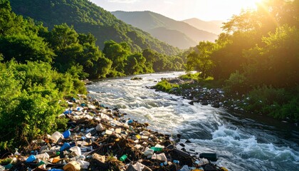 Riverbank Covered in Trash, Pollution Problem in Natural Landscape