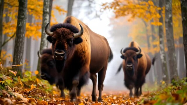 A bison with a long horn is standing in a forest with trees in the background. 4k video