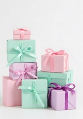 Fototapeta premium Stack of pastel-colored gift boxes, wrapped in ribbon. Perfect for birthdays, baby showers, or celebrations.
