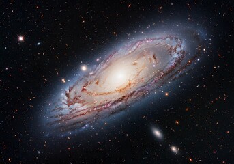 Cosmic swirl of stars and gas, a distant galaxy shines brightly against the backdrop of the infinite dark space.