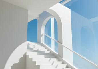 Modern white architecture with stairs, arches, and blue sky, showcasing minimalist design and bright light.