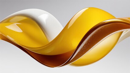 Abstract image of three flowing, glossy ribbons in shades of white, yellow, and amber, swirling and interweaving against a neutral grey background