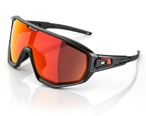 Close up shot of black framed sunglasses with red lenses on a white reflective surface studio shot