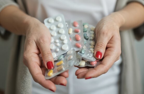 Mature woman hands hold blister packs of assorted pills and capsules. Focus on healthcare, medication, and treatment options for illness, pain, or wellness. Variety of tablets, vitamins, and remedies.