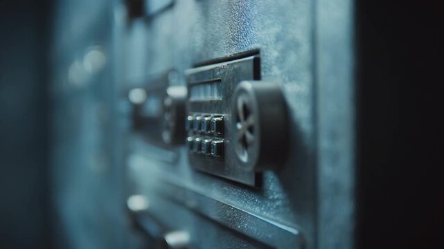 Cinematic shot of a gloved hand entering a code on a worn metallic keypad attached to a vault wall