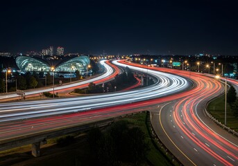 Nighttime highway with long exposure car lights streak around a modern building and the city skyline.