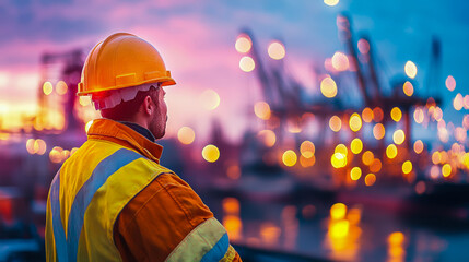 Industrial Worker Observation at Dusk: A portrait showcasing a construction worker observing a construction site at dusk.