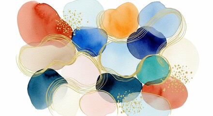 Abstract watercolor painting with gold accents, featuring organic shapes in warm and cool tones.
