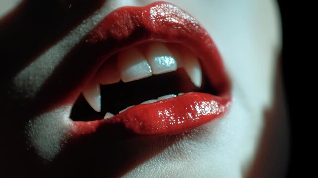 Cinematic shot of sharp vampire fangs emerging from a slightly open mouth, glistening with saliva