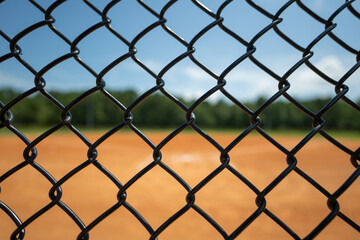 Naklejka premium Looking through a chain link fence at an empty baseball field on a sunny day