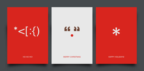 Holiday Greeting Cards design. Punctuation marks appears as a Santa Claus, Reindeer and Snow icons. Vector Illustration.