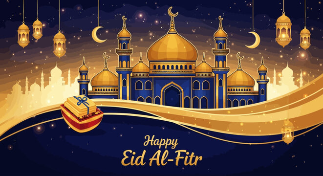 Eid Al-Fitr Celebration Background with Mosque, Lanterns, and Gifts
